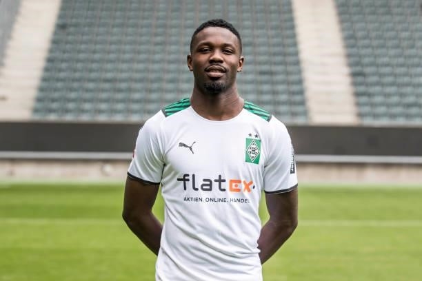 Marcus Thuram pose during the Team Presentation of Borussia Moenchengladbach at Borussia-Park on August 01, 2021 in Moenchengladbach, Germany.