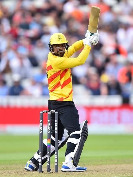 Rashid Khan of the Trent Rockets in action during The Hundred match between Birmingham Phoenix Men and Trent Rockets Men at Edgbaston on August 01,...