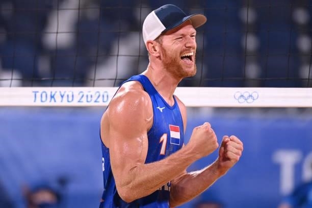 Netherlands' Alexander Brouwer reacts in their men's beach volleyball round of 16 match between Norway and the Netherlands during the Tokyo 2020...