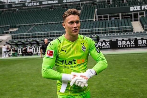 Jan Olschowsky is seen during the Team Presentation of Borussia Moenchengladbach at Borussia-Park on August 01, 2021 in Moenchengladbach, Germany.