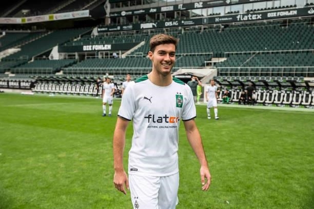 Joe Scally is seen during the Team Presentation of Borussia Moenchengladbach at Borussia-Park on August 01, 2021 in Moenchengladbach, Germany.