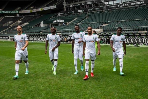 JRamy Bensebaini, Manu Kone, Marcus Thuram, Alassane Plea and Breel Embolo are seen during the Team Presentation of Borussia Moenchengladbach at...