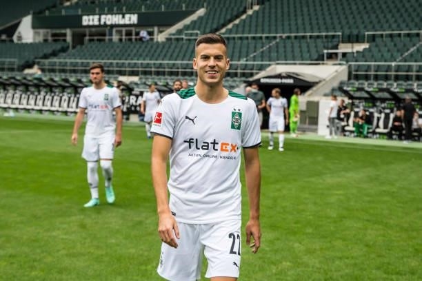 Laszlo Benes is seen during the Team Presentation of Borussia Moenchengladbach at Borussia-Park on August 01, 2021 in Moenchengladbach, Germany.