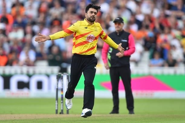 Rashid Khan of the Trent Rockets celebrates taking a wicket during The Hundred match between Birmingham Phoenix Men and Trent Rockets Men at...
