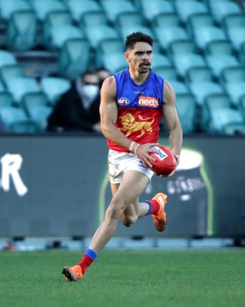 Charlie Cameron of the Lions in action during the 2021 AFL Round 20 match between the Hawthorn Hawks and the Brisbane Lions at UTAS Stadium on August...