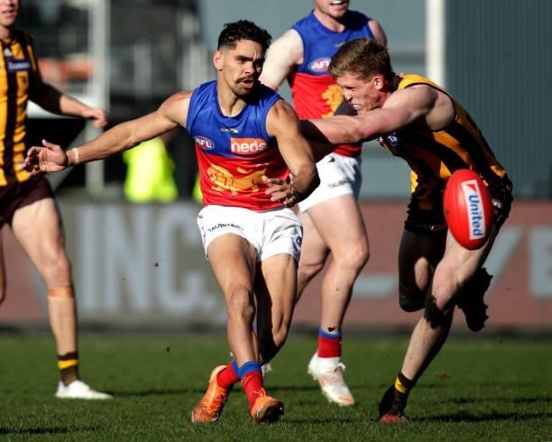 Charlie Cameron of the Lions kicks the ball during the 2021 AFL Round 20 match between the Hawthorn Hawks and the Brisbane Lions at UTAS Stadium on...