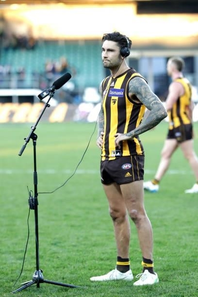 Chad Wingard of the Hawks speaks to the media during the 2021 AFL Round 20 match between the Hawthorn Hawks and the Brisbane Lions at UTAS Stadium on...