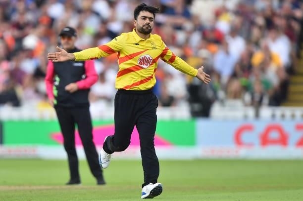 Rashid Khan of the Trent Rockets celebrates taking a wicket during The Hundred match between Birmingham Phoenix Men and Trent Rockets Men at...