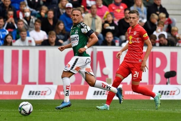 Marcel Ziegl of Ried and Luka Sucic of Salzburg during the Admiral Bundesliga match between FC Red Bull Salzburg and SV Guntamatic Ried at Red Bull...