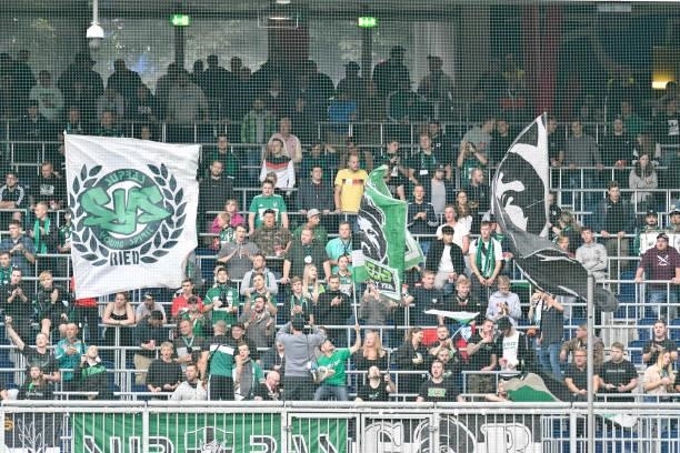 Fans of SV Ried during the Admiral Bundesliga match between FC Red Bull Salzburg and SV Guntamatic Ried at Red Bull Arena on August 1, 2021 in...