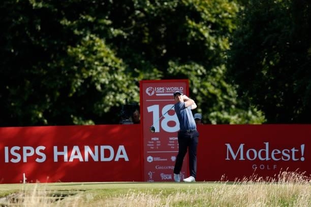 David Horsey of England tees off on the 18th hole during the final round of the ISPS HANDA World Invitational at Galgorm Spa & Golf Resort on August...