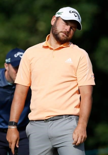Jordan Smith of England reacts to a missed putt during the final round of the ISPS HANDA World Invitational at Galgorm Spa & Golf Resort on August 1,...