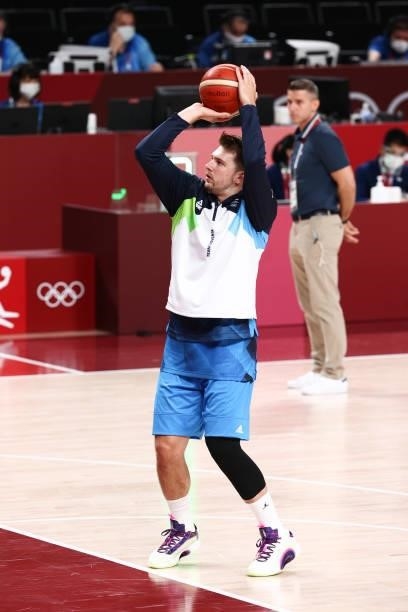 Luka Doncic of the Slovenia Men's National Team warms up before the game against the Spain Men's National Team during the 2020 Tokyo Olympics on...