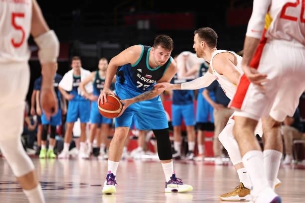 Luka Doncic of the Slovenia Men's National Team handles the ball against the Spain Men's National Team during the 2020 Tokyo Olympics at the Saitama...