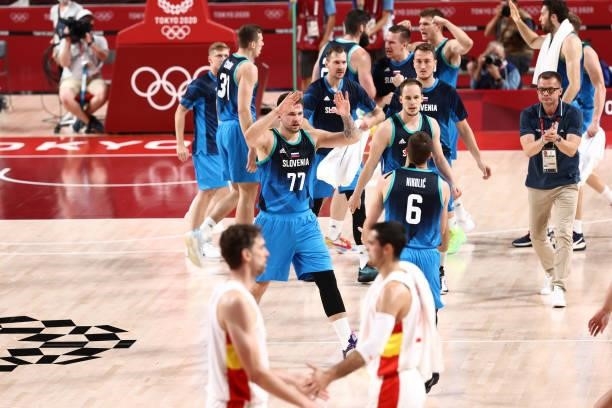 Luka Doncic of the Slovenia Men's National Team celebrates after the game against the Spain Men's National Team during the 2020 Tokyo Olympics on...