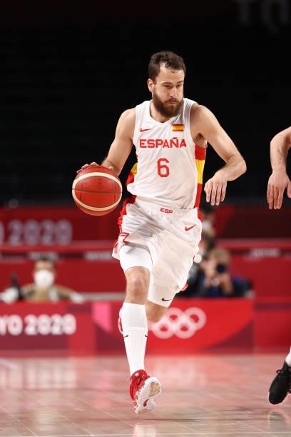Sergio Rodriguez of the Spain Men's National Team dribbles the ball against the Slovenia Men's National Team during the 2020 Tokyo Olympics at the...