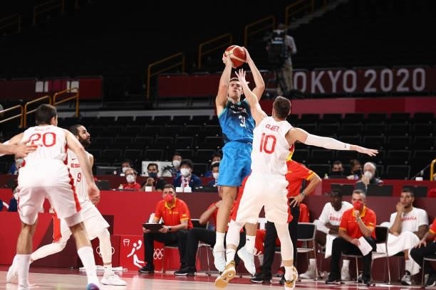 Vlatko Cancar of the Slovenia Men's National Team shoots the ball against the Spain Men's National Team during the 2020 Tokyo Olympics at the Saitama...