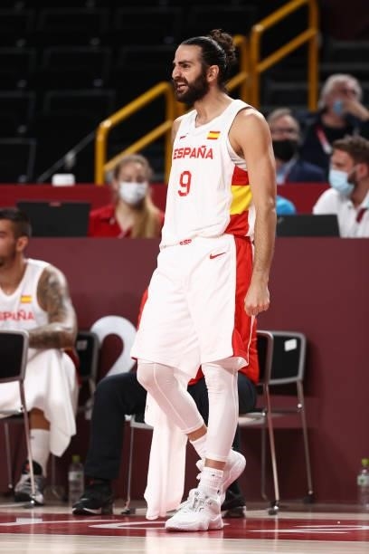 Ricky Rubio of the Spain Men's National Team celebrates during the game against the Slovenia Men's National Team during the 2020 Tokyo Olympics at...