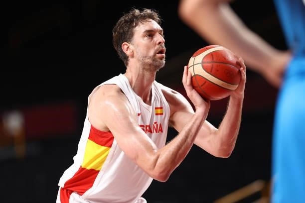 Pau Gasol of the Spain Men's National Team shoots a free throw against the Slovenia Men's National Team during the 2020 Tokyo Olympics at the Saitama...