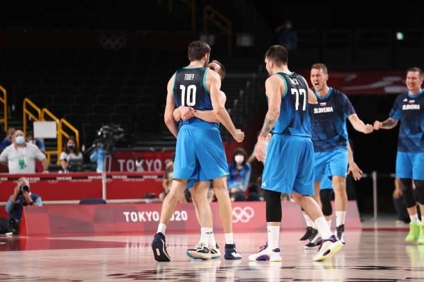 Mike Tobey of the Slovenia Men's National Team celebrates during the game against the Spain Men's National Team during the 2020 Tokyo Olympics at the...
