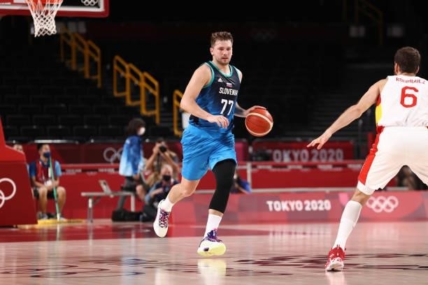 Luka Doncic of the Slovenia Men's National Team dribbles the ball against the Spain Men's National Team during the 2020 Tokyo Olympics at the Saitama...