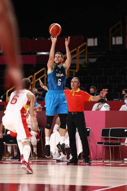 Aleksej Nikolic of the Slovenia Men's National Team shoots the ball against the Spain Men's National Team during the 2020 Tokyo Olympics at the...