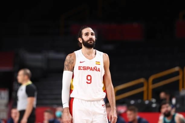 Ricky Rubio of the Spain Men's National Team looks up during the game against the Slovenia Men's National Team during the 2020 Tokyo Olympics at the...