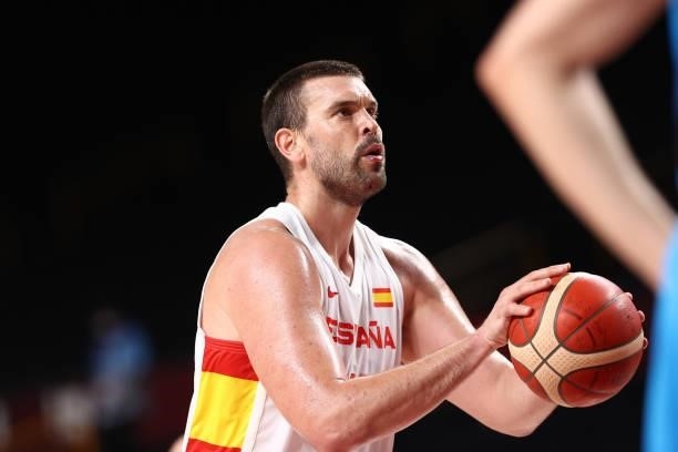 Marc Gasol of the Spain Men's National Team shoots a free throw against the Slovenia Men's National Team during the 2020 Tokyo Olympics at the...