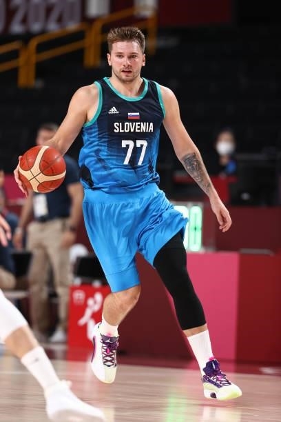 Luka Doncic of the Slovenia Men's National Team handles the ball against the Spain Men's National Team during the 2020 Tokyo Olympics at the Saitama...