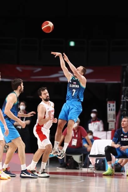 Klemen Prepelic of the Slovenia Men's National Team shoots the ball against the Spain Men's National Team during the 2020 Tokyo Olympics at the...