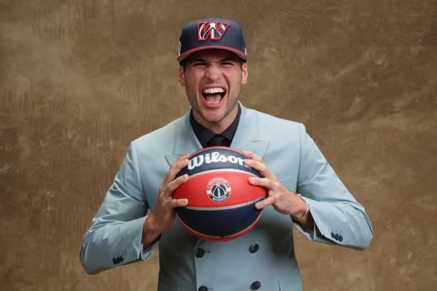 Corey Kispert poses for a portrait after being drafted by the Washington Wizards during the 2021 NBA Draft on July 29, 2021 at Barclays Center in...