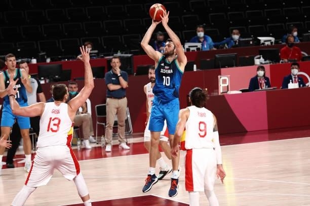 Mike Tobey of the Slovenia Men's National Team shoots the ball against the Spain Men's National Team during the 2020 Tokyo Olympics on August 1, 2021...