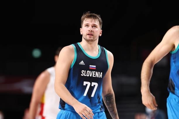 Luka Doncic of the Slovenia Men's National Team looks up during the game against the Spain Men's National Team during the 2020 Tokyo Olympics at the...