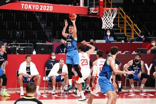 Zoran Dragic of the Slovenia Men's National Team shoots a three point basket against the Spain Men's National Team during the 2020 Tokyo Olympics on...