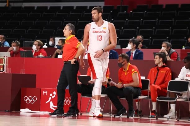 Marc Gasol of the Spain Men's National Team looks on during the game against the Slovenia Men's National Team during the 2020 Tokyo Olympics at the...