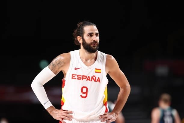 Ricky Rubio of the Spain Men's National Team looks on during the game against the Slovenia Men's National Team during the 2020 Tokyo Olympics at the...