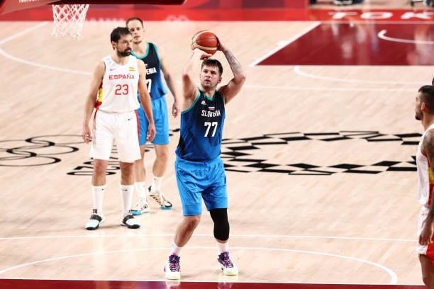 Luka Doncic of the Slovenia Men's National Team shoots a free throw against the Spain Men's National Team during the 2020 Tokyo Olympics on August 1,...