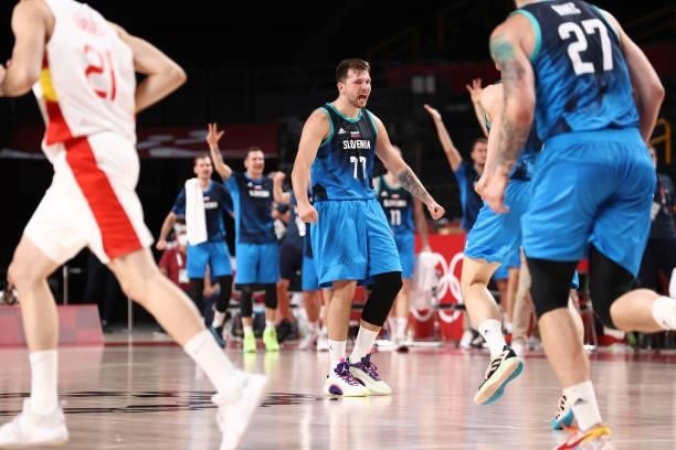 Luka Doncic of the Slovenia Men's National Team celebrates during the game against the Spain Men's National Team during the 2020 Tokyo Olympics at...