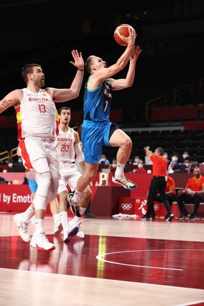 Klemen Prepelic of the Slovenia Men's National Team drives to the basket against the Spain Men's National Team during the 2020 Tokyo Olympics at the...
