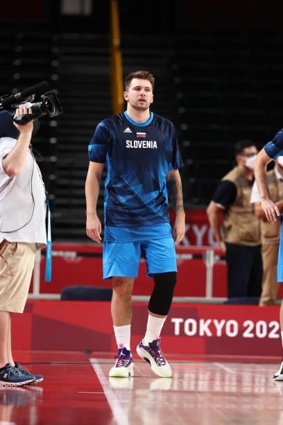 Luka Doncic of the Slovenia Men's National Team looks on before the game against the Spain Men's National Team during the 2020 Tokyo Olympics at the...