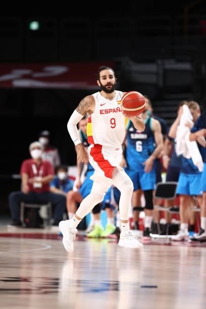 Ricky Rubio of the Spain Men's National Team dribbles the ball against the Slovenia Men's National Team during the 2020 Tokyo Olympics at the Saitama...
