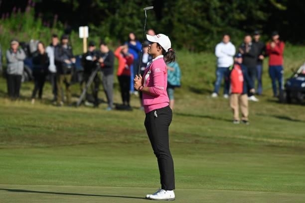 Pajaree Anannarukarn of Thailand reacts to her victory on the 18th green on the second playoff hole during the final round of the ISPS HANDA World...