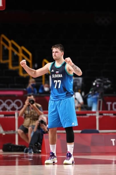Luka Doncic of the Slovenia Men's National Team celebrates during the game against the Spain Men's National Team during the 2020 Tokyo Olympics at...