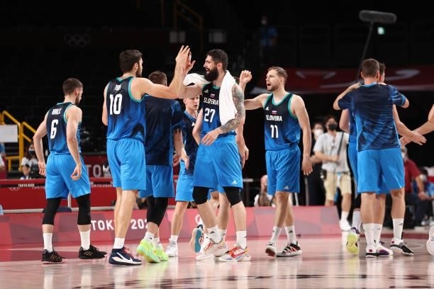 The Slovenia Men's National Team celebrate after the game against the Spain Men's National Team during the 2020 Tokyo Olympics at the Saitama Super...