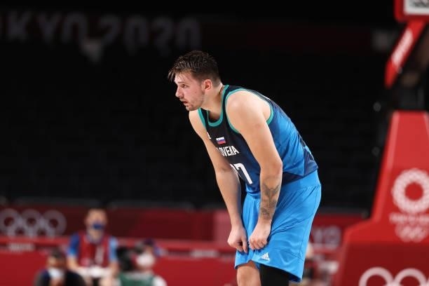 Luka Doncic of the Slovenia Men's National Team looks on during the game against the Spain Men's National Team during the 2020 Tokyo Olympics at the...
