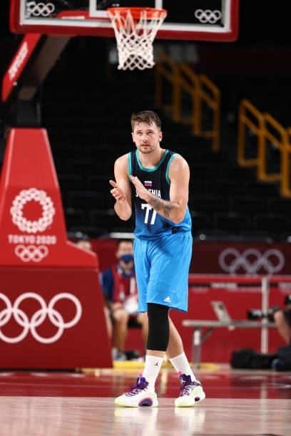 Luka Doncic of the Slovenia Men's National Team claps during the game against the Spain Men's National Team during the 2020 Tokyo Olympics at the...