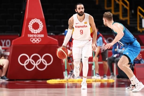 Ricky Rubio of the Spain Men's National Team dribbles the ball against the Slovenia Men's National Team during the 2020 Tokyo Olympics at the Saitama...