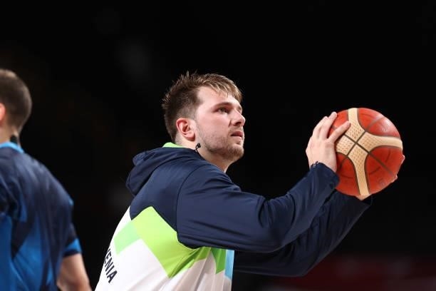 Luka Doncic of the Slovenia Men's National Team shoots the ball before the game against the Spain Men's National Team during the 2020 Tokyo Olympics...