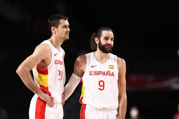 Alberto Abalde and Ricky Rubio of the Spain Men's National Team look on during the game against the Slovenia Men's National Team during the 2020...