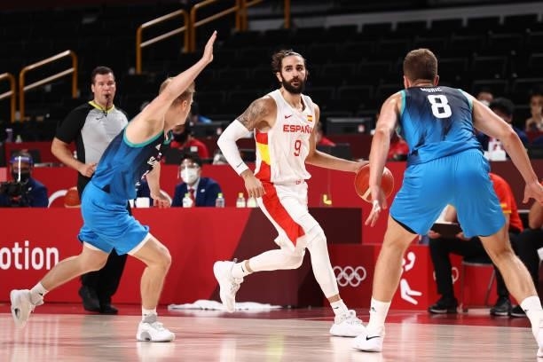Ricky Rubio of the Spain Men's National Team handles the ball against the Slovenia Men's National Team during the 2020 Tokyo Olympics at the Saitama...